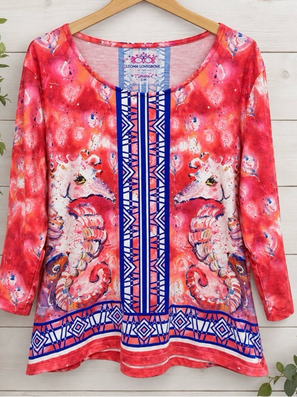 Seahorse Print Scoop Neck Long Sleeve Top - Coral Pink
